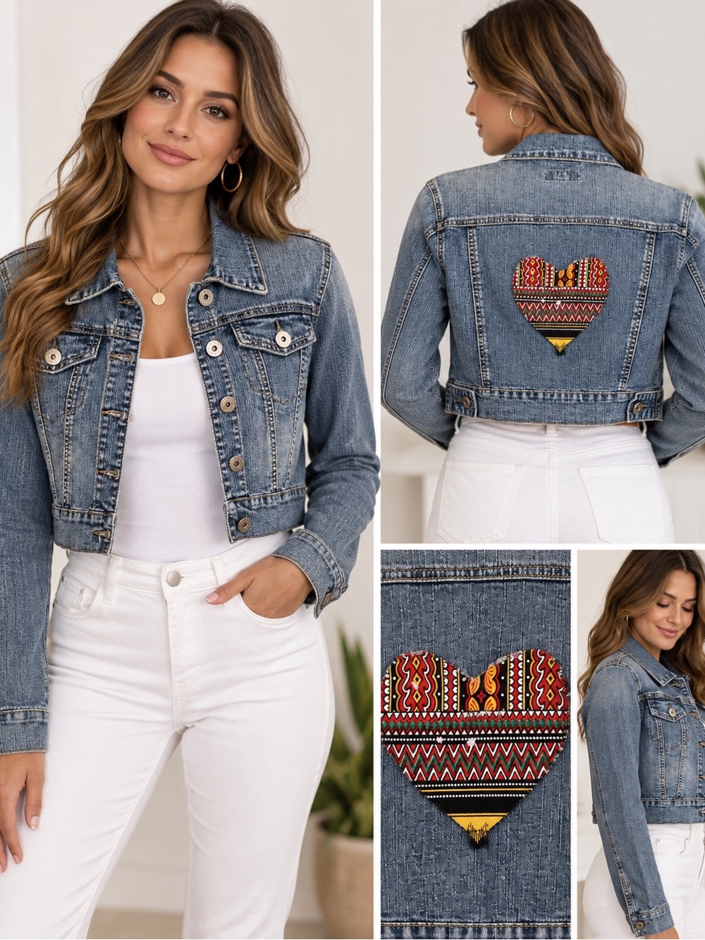 Women's Cropped Blue Denim Jacket with Embroidered Heart Back